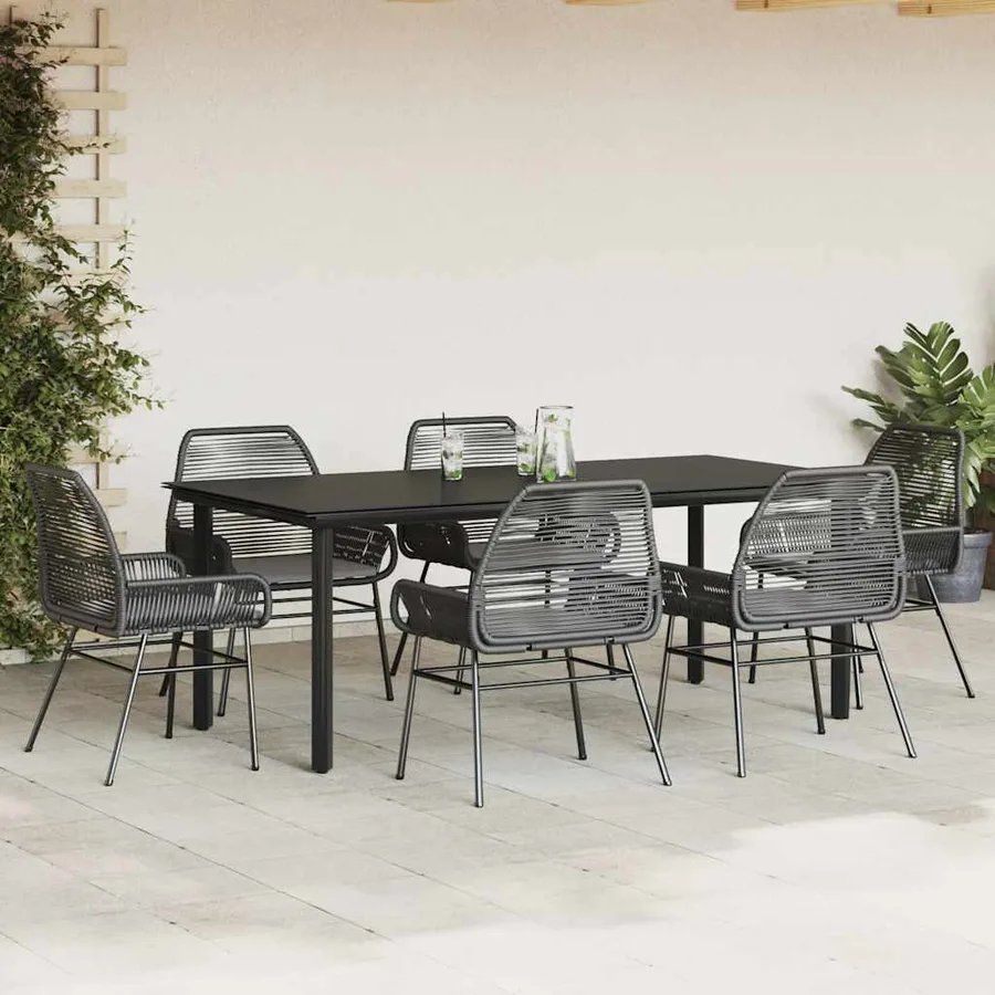 Ensemble à manger de jardin coussins 7pcs noir poly rotin verre - 3