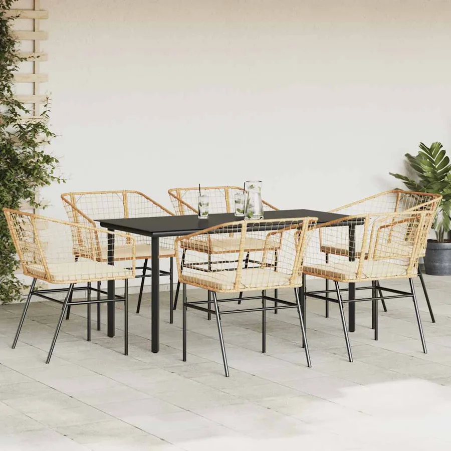 Ensemble à manger jardin coussins 7pcs marron poly rotin verre - 3