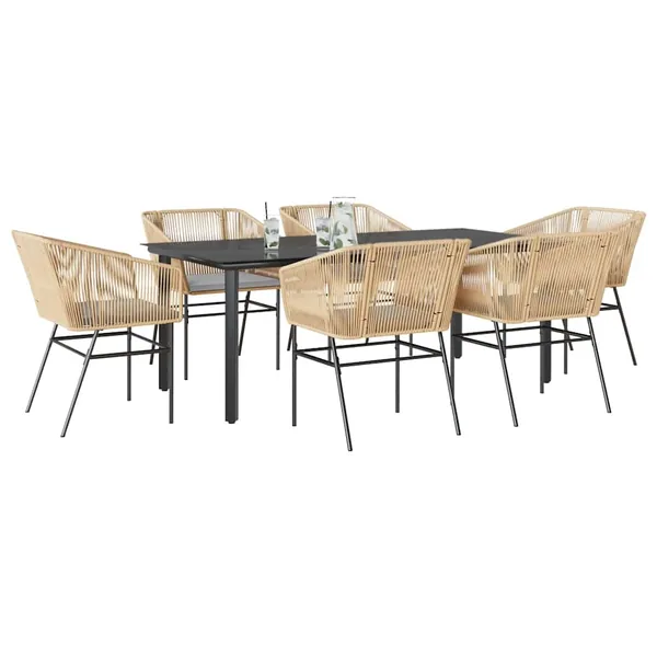 Ensemble à manger jardin coussins 7pcs marron poly rotin verre