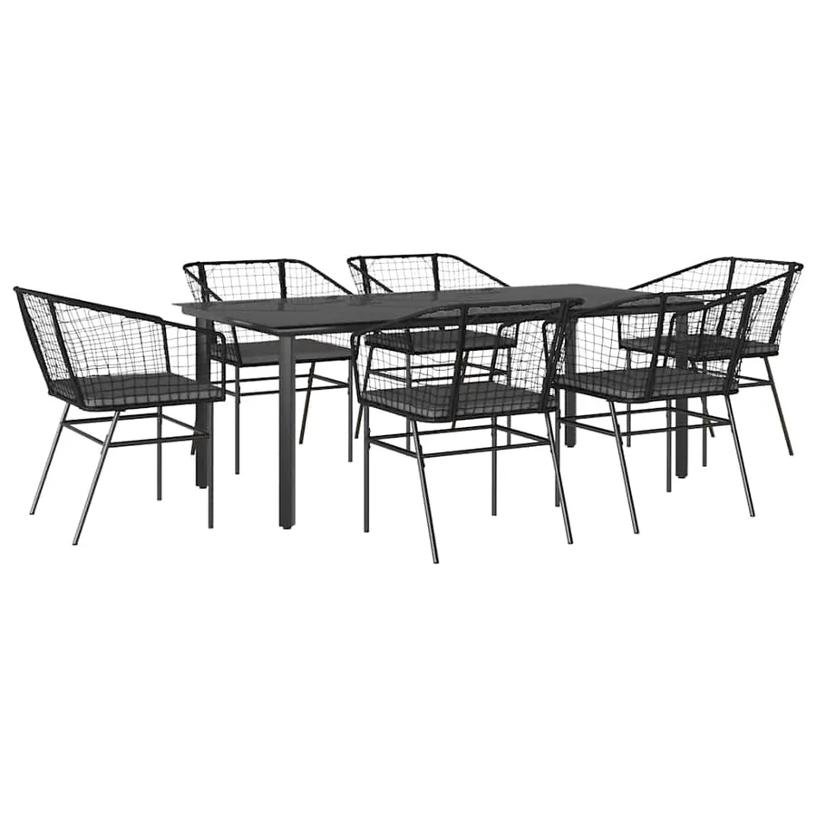 Ensemble à manger de jardin coussins 7pcs noir poly rotin verre - 2