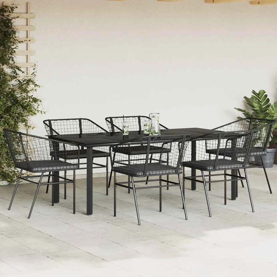 Ensemble à manger de jardin coussins 7pcs noir poly rotin verre - 3