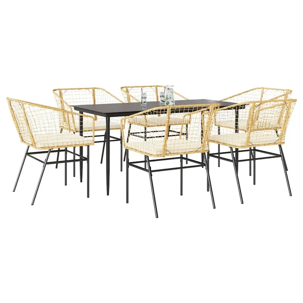 Ensemble à manger jardin coussins 7pcs marron poly rotin verre