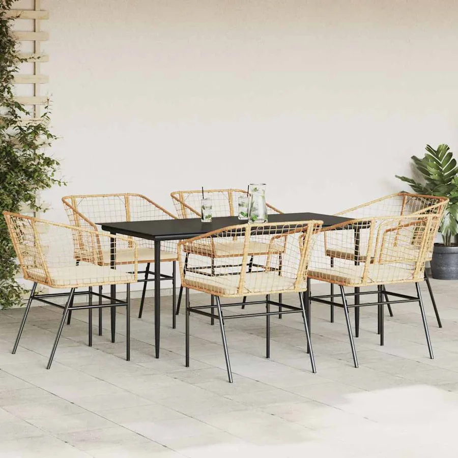 Ensemble à manger jardin coussins 7pcs marron poly rotin verre - 3