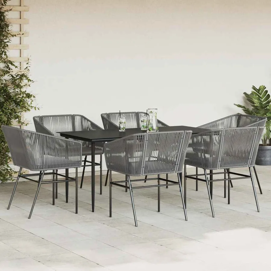 Ensemble à manger jardin coussins 7 pcs gris poly rotin verre - 3