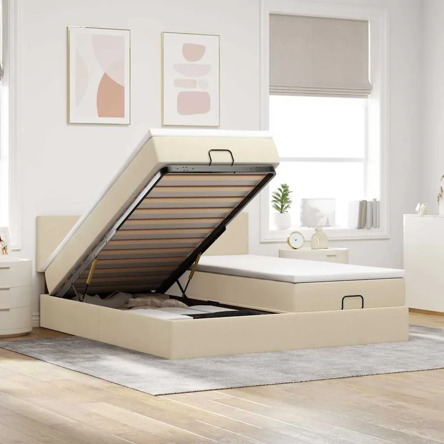 Cadre de lit ottoman avec matelas crème 200x200cm tissu