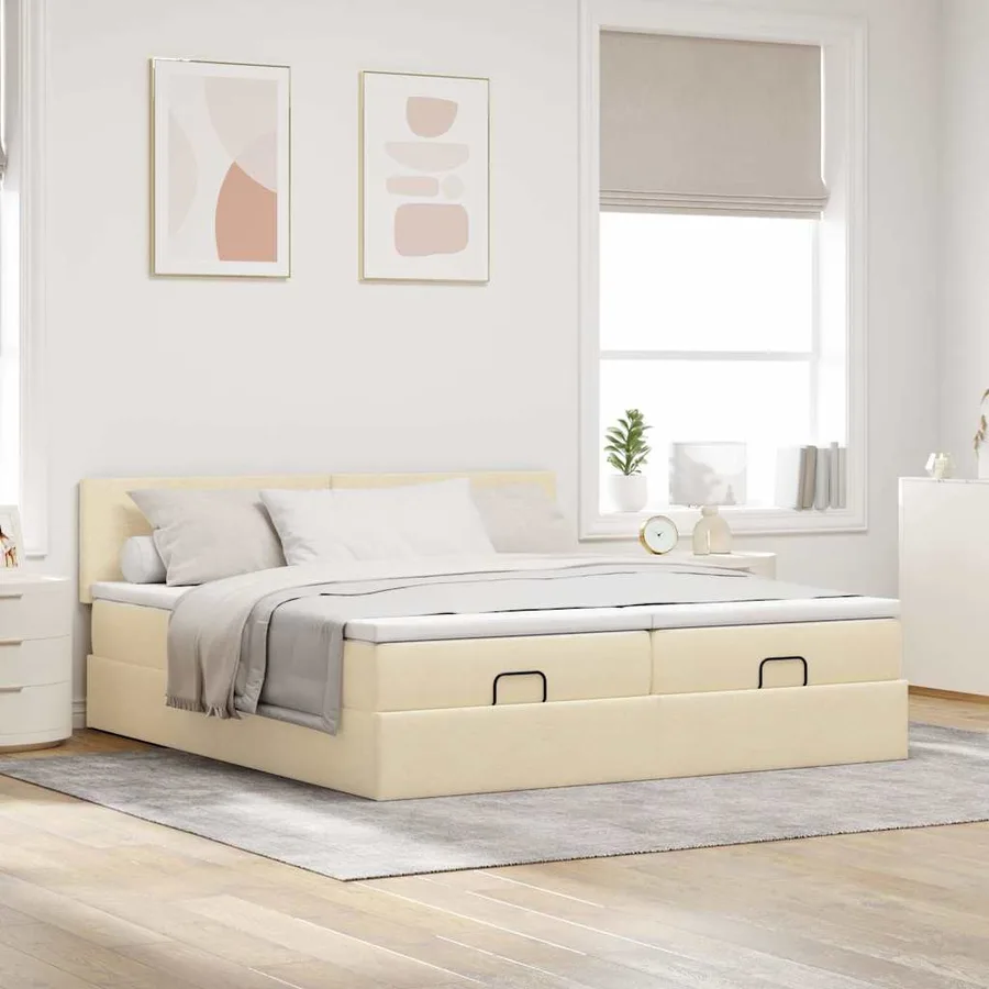 Cadre de lit ottoman avec matelas crème 200x200cm tissu - 3