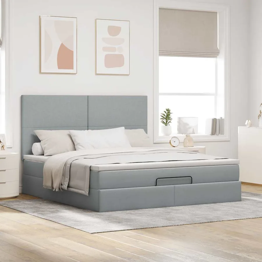 Cadre de lit ottoman et matelas gris clair 160x200cm tissu - 3