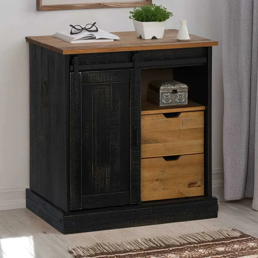 Buffet HALDEN porte coulissante noir 80x40x80 cm bois massif
