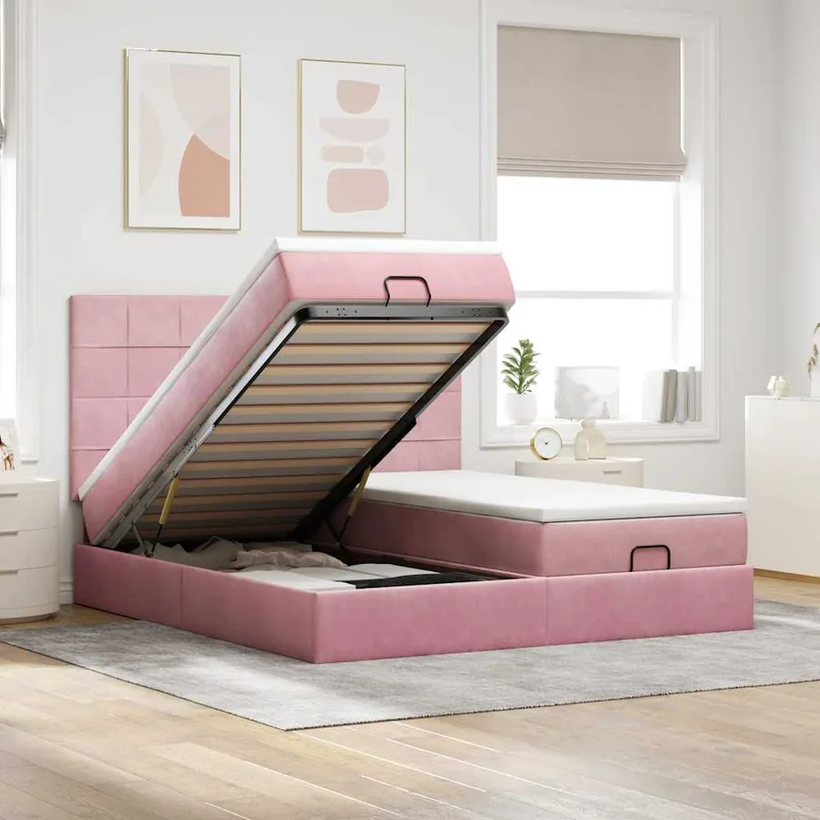 Cadre de lit ottoman avec matelas rose 200x200 cm velours