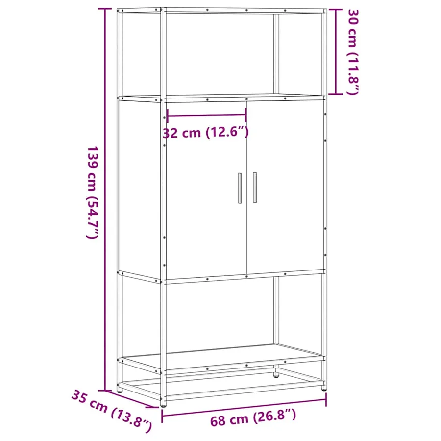 Buffet haut chêne marron 68x35x139 cm bois d'ingénierie métal - 10