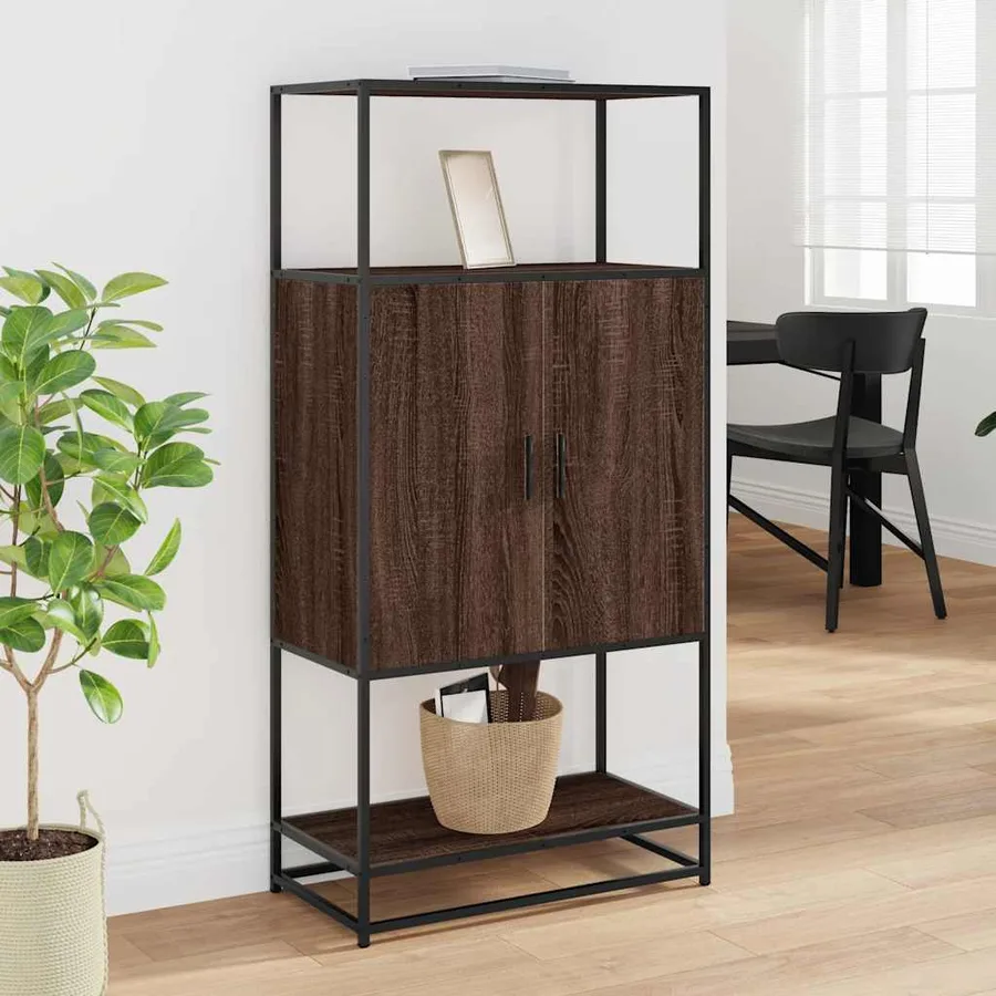 Buffet haut chêne marron 68x35x139 cm bois d'ingénierie métal - 3