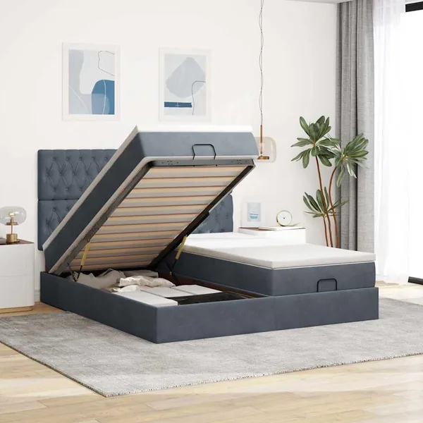 Cadre de lit ottoman avec matelas gris foncé 200x200 cm velours