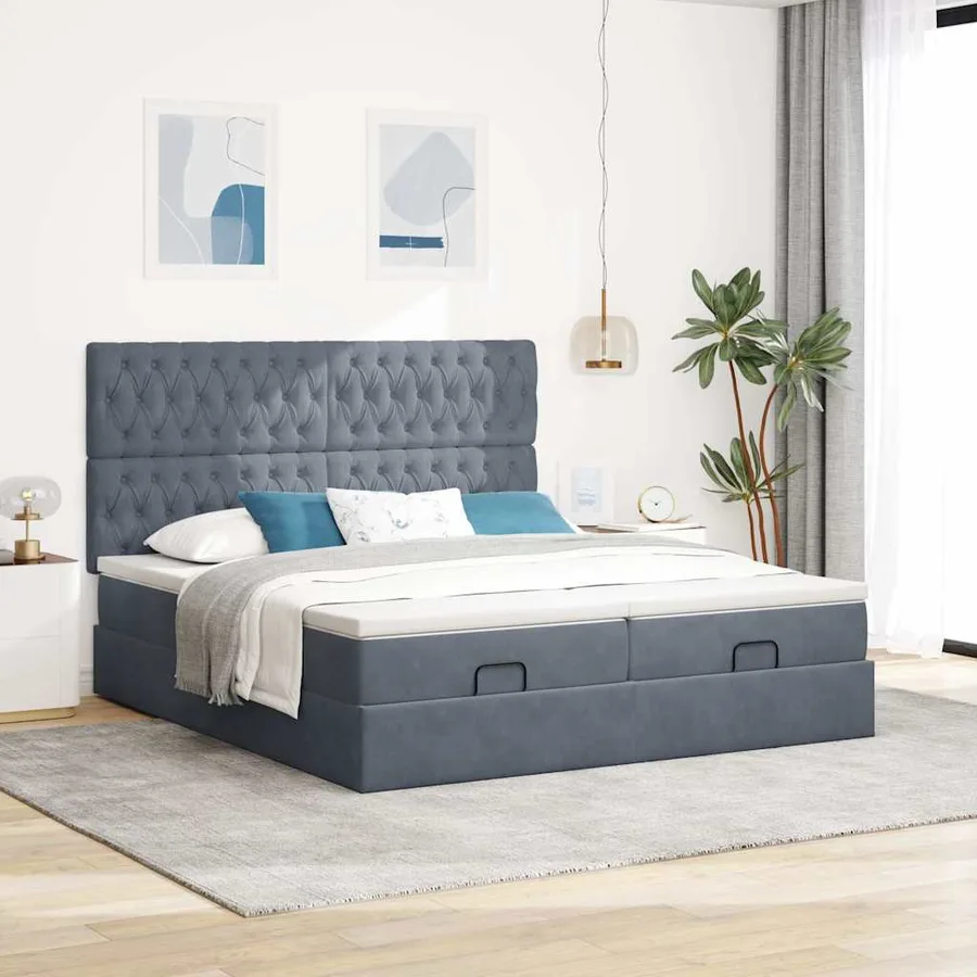 Cadre de lit ottoman avec matelas gris foncé 200x200 cm velours - 3