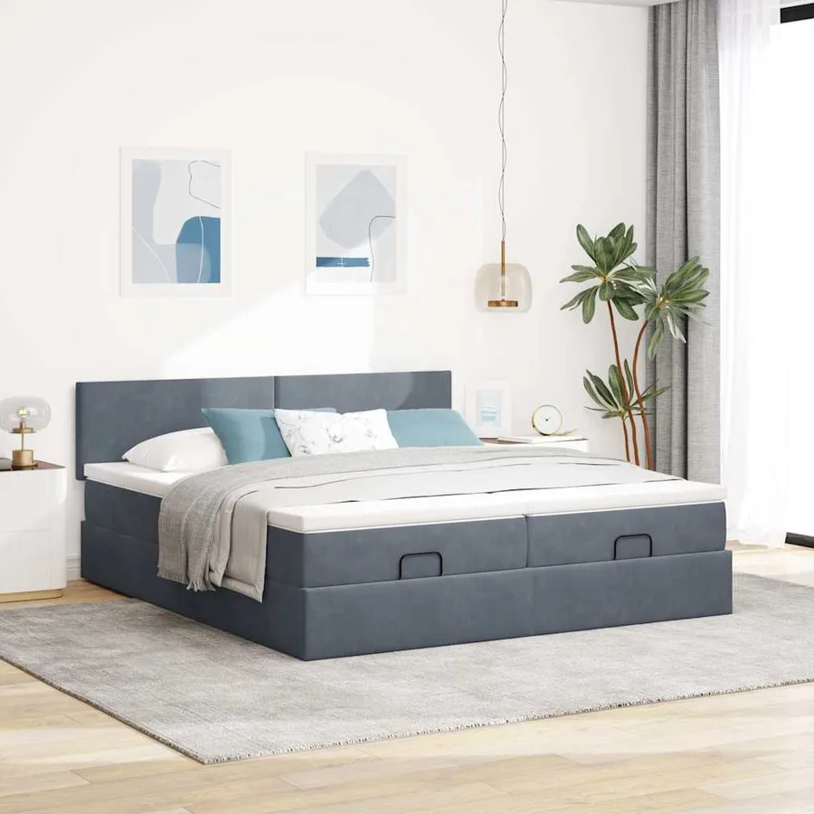 Cadre de lit ottoman avec matelas gris foncé 200x200 cm velours - 4
