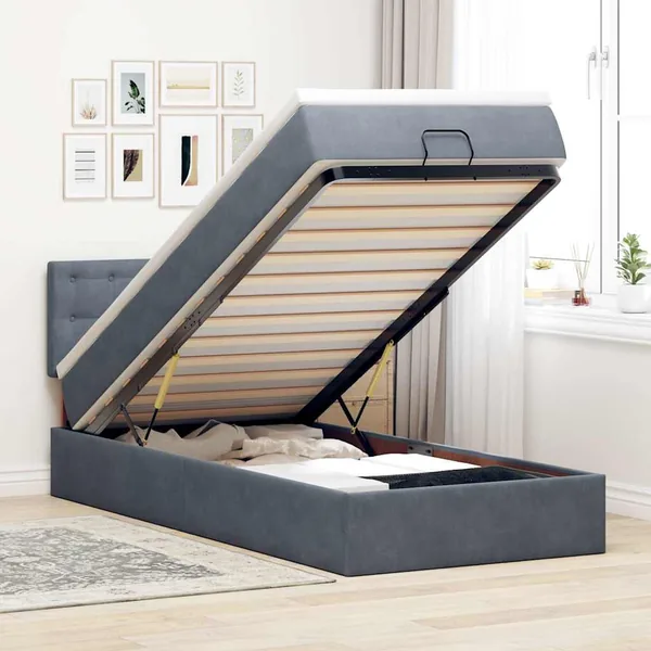 Cadre de lit ottoman avec matelas gris foncé 100x200 cm velours