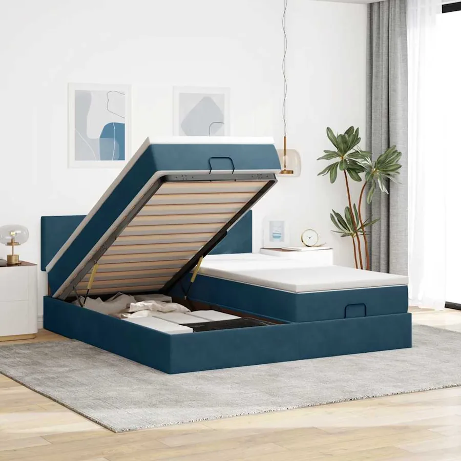 Cadre de lit ottoman avec matelas bleu foncé 180x200 cm velours