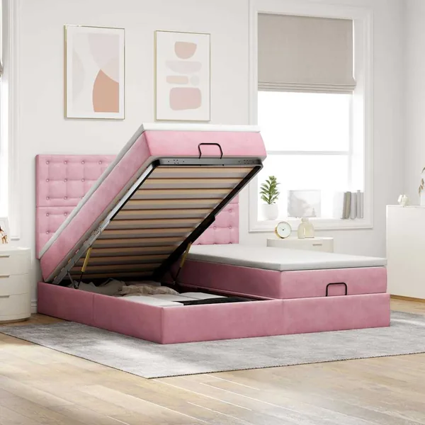 Cadre de lit ottoman avec matelas rose 180x200 cm velours