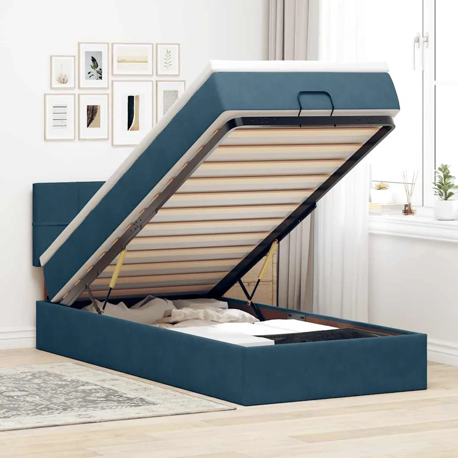 Cadre de lit ottoman avec matelas bleu foncé 90x200 cm velours