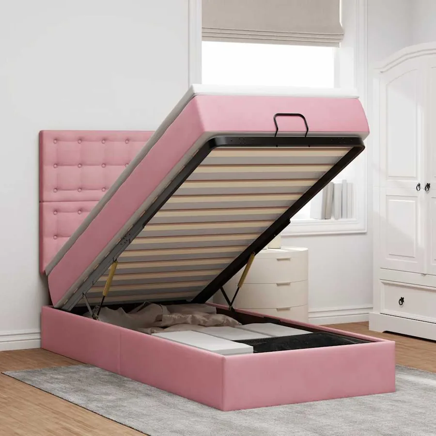 Cadre de lit ottoman avec matelas rose 90x200 cm velours