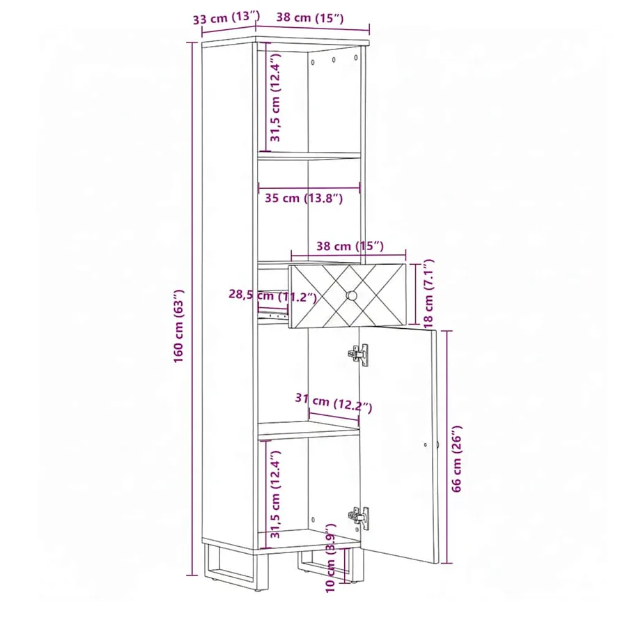 Armoire de salle de bain noir 38x33x160 cm bois massif manguier - 11