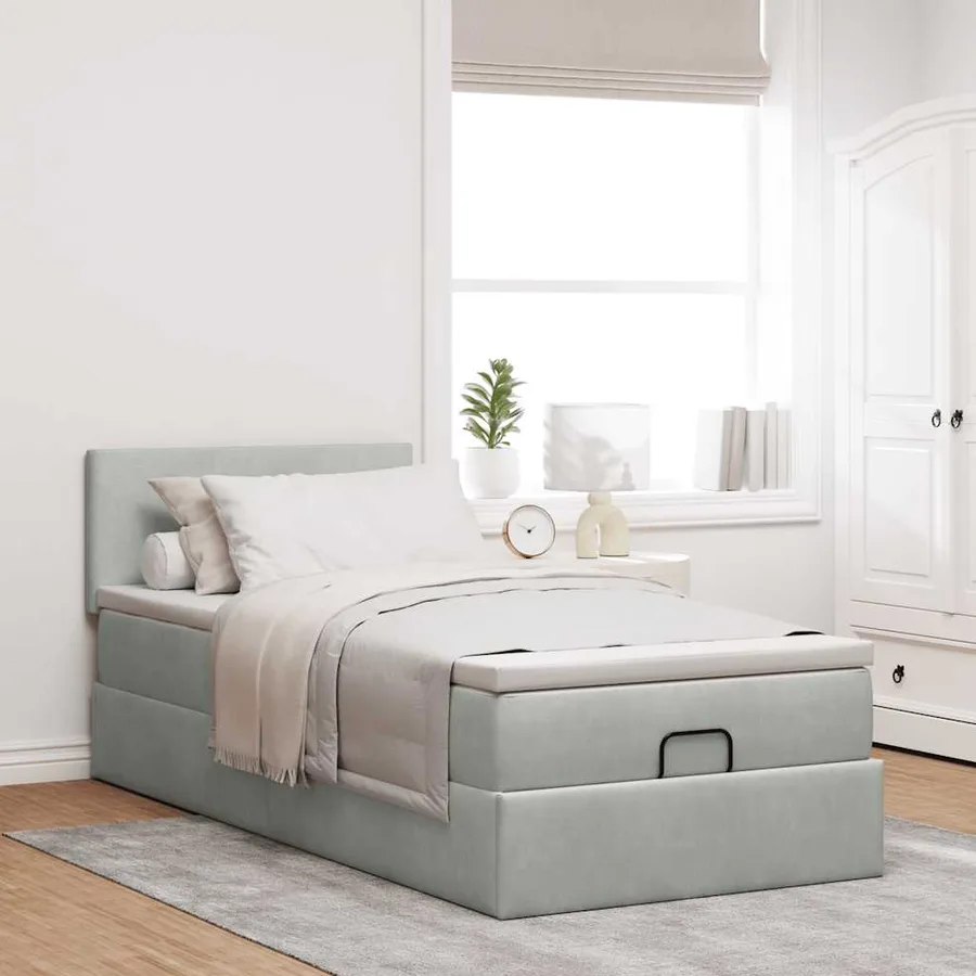 Cadre de lit ottoman et matelas gris clair 90x190 cm velours - 3