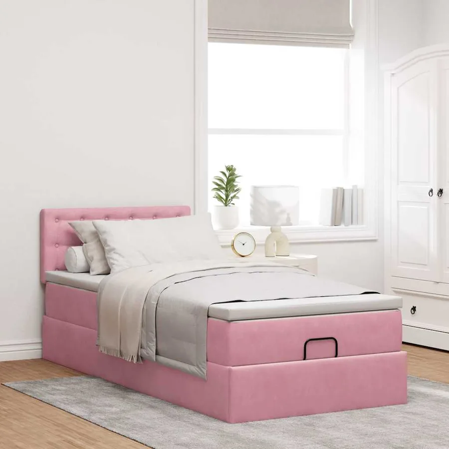 Cadre de lit ottoman avec matelas rose 90x190 cm velours - 4