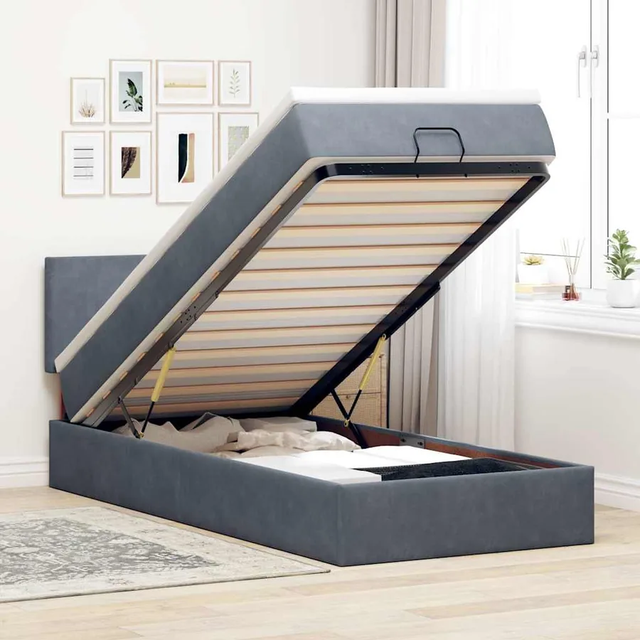 Cadre de lit ottoman avec matelas gris foncé 90x190 cm velours