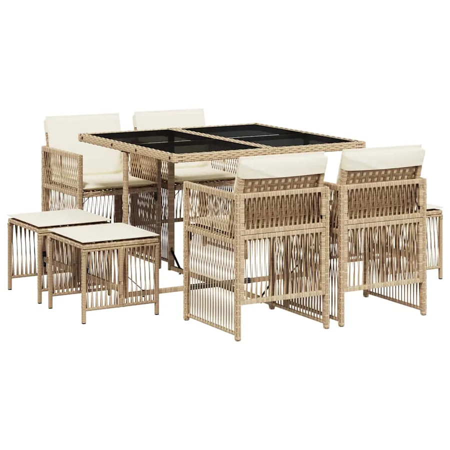 Ensemble à manger de jardin et coussins 9 pcs beige Poly rotin - 2
