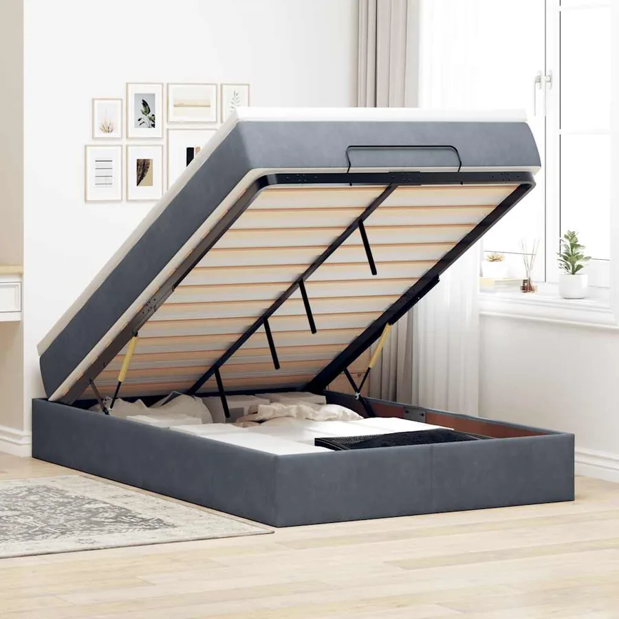 Lit ottoman avec matelas gris foncé 120x190 cm velours