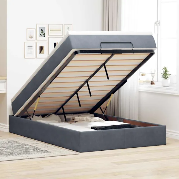 Lit ottoman avec matelas gris foncé 120x190 cm velours