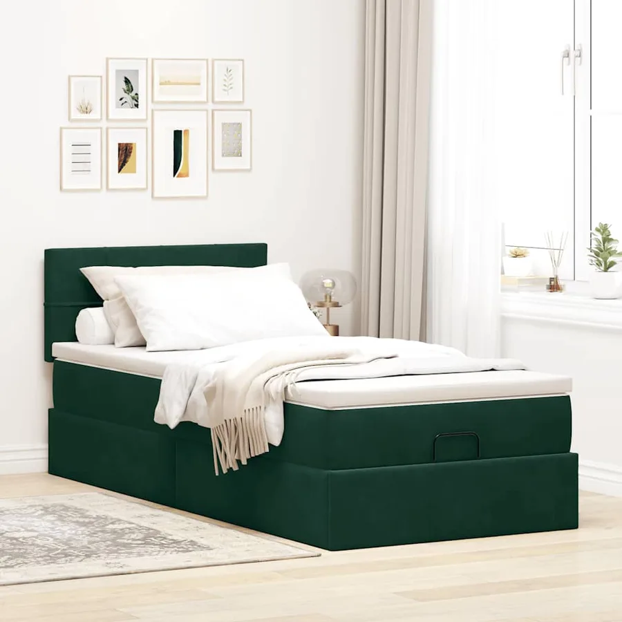 Cadre de lit ottoman avec matelas vert foncé 90x190 cm velours - 3