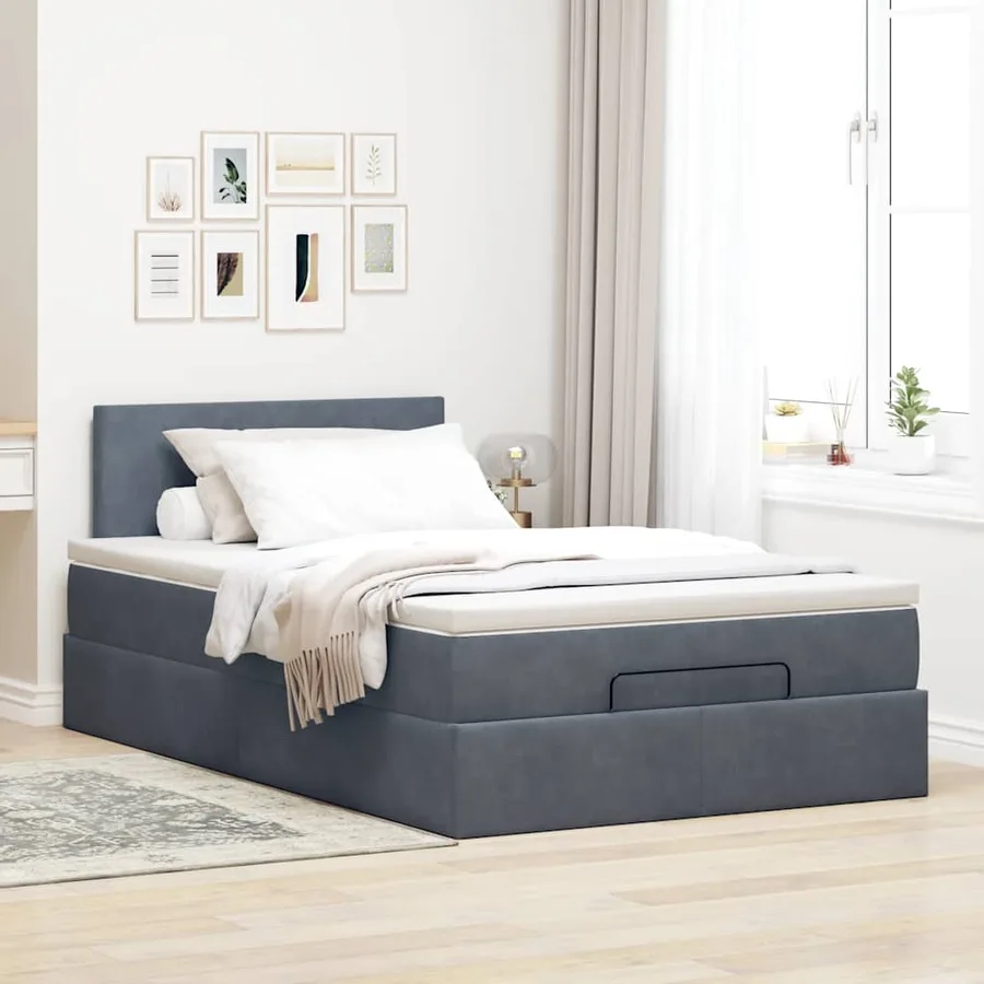 Lit ottoman avec matelas gris foncé 120x190 cm velours - 3