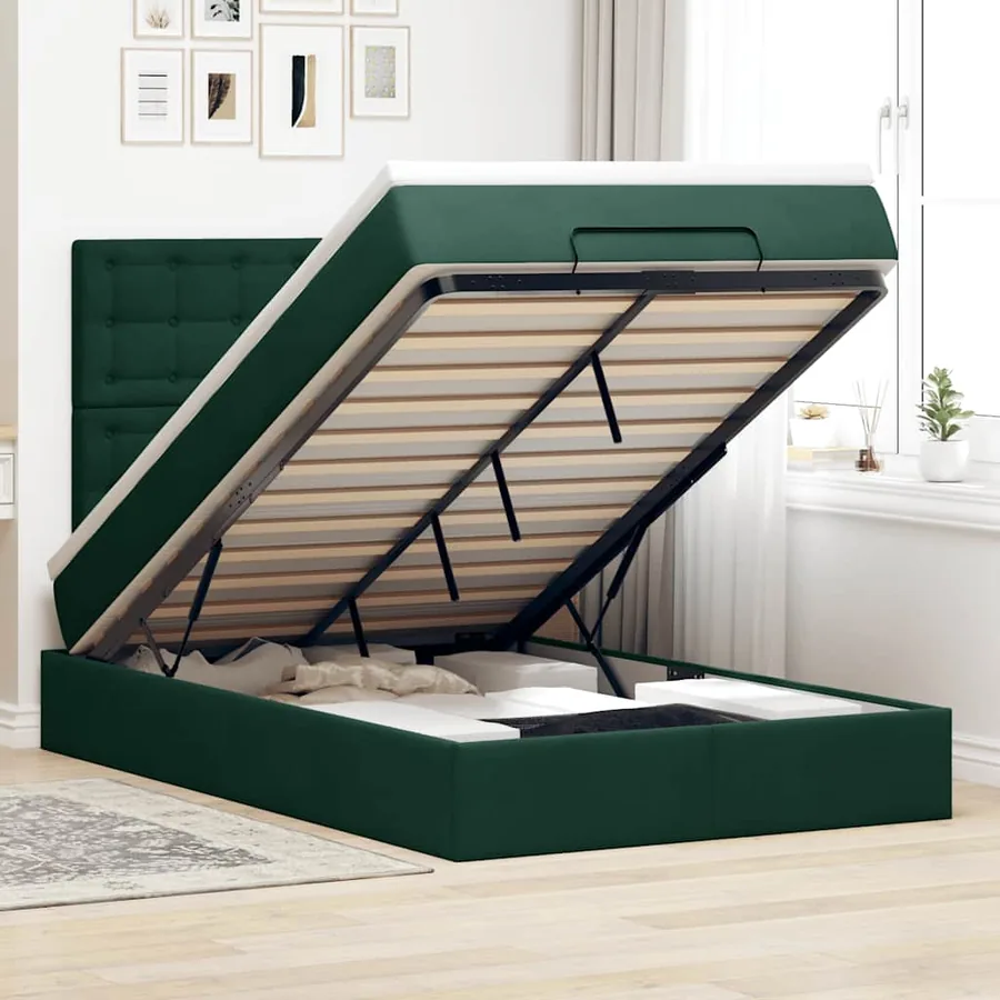Cadre de lit ottoman avec matelas vert foncé 120x190 cm velours