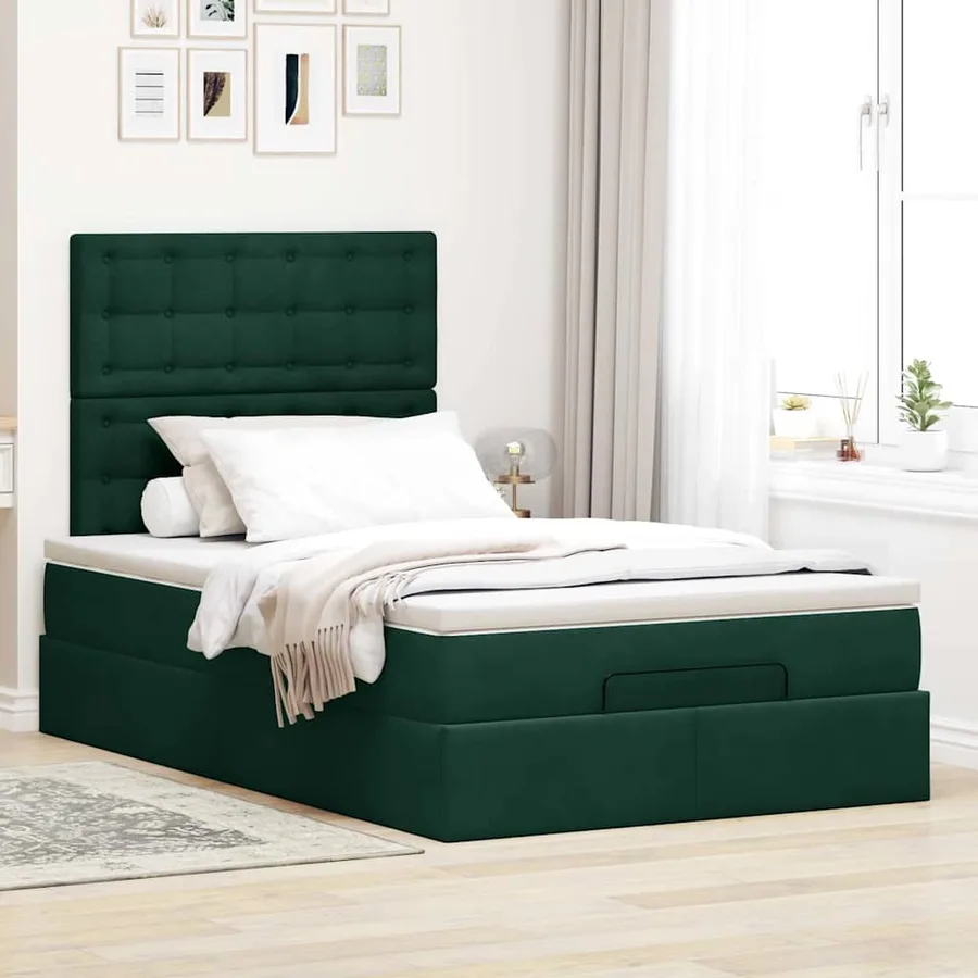 Cadre de lit ottoman avec matelas vert foncé 120x190 cm velours - 3