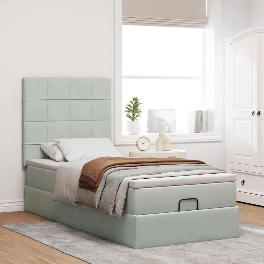 Cadre de lit ottoman et matelas gris clair 90x200 cm velours - 3
