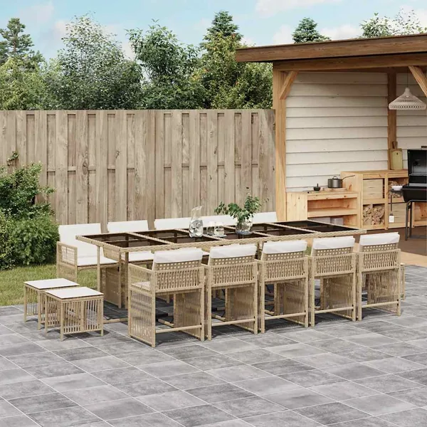 Ensemble à manger de jardin et coussins 15 pcs beige