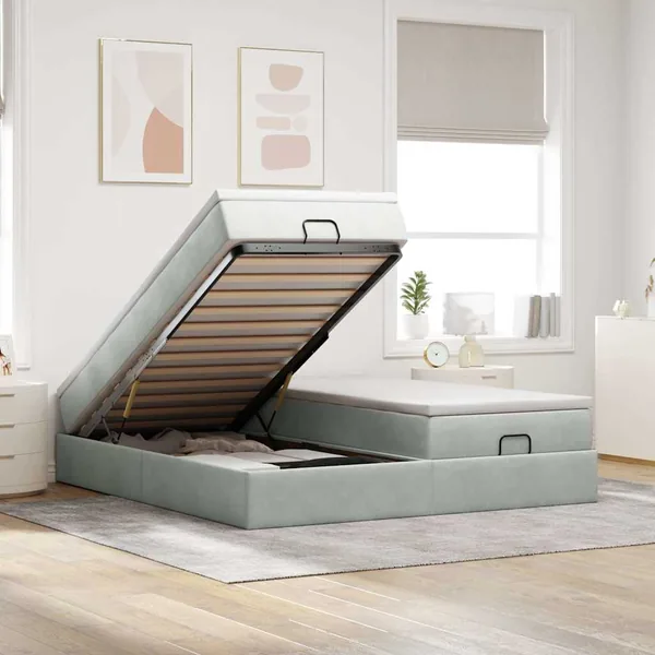 Cadre de lit ottoman et matelas gris clair 160x200cm velours