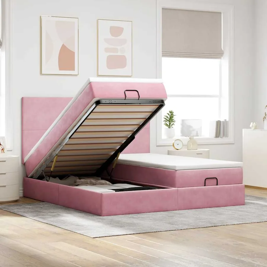 Cadre de lit ottoman avec matelas rose 160x200 cm velours