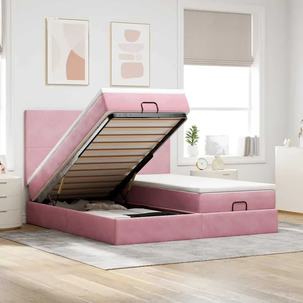 Cadre de lit ottoman avec matelas rose 160x200 cm velours