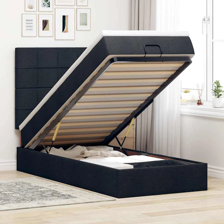 Lit ottoman avec matelas et LED noir 80x200cm tissu