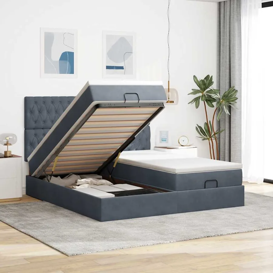 Cadre de lit ottoman avec matelas gris foncé 180x200cm velours