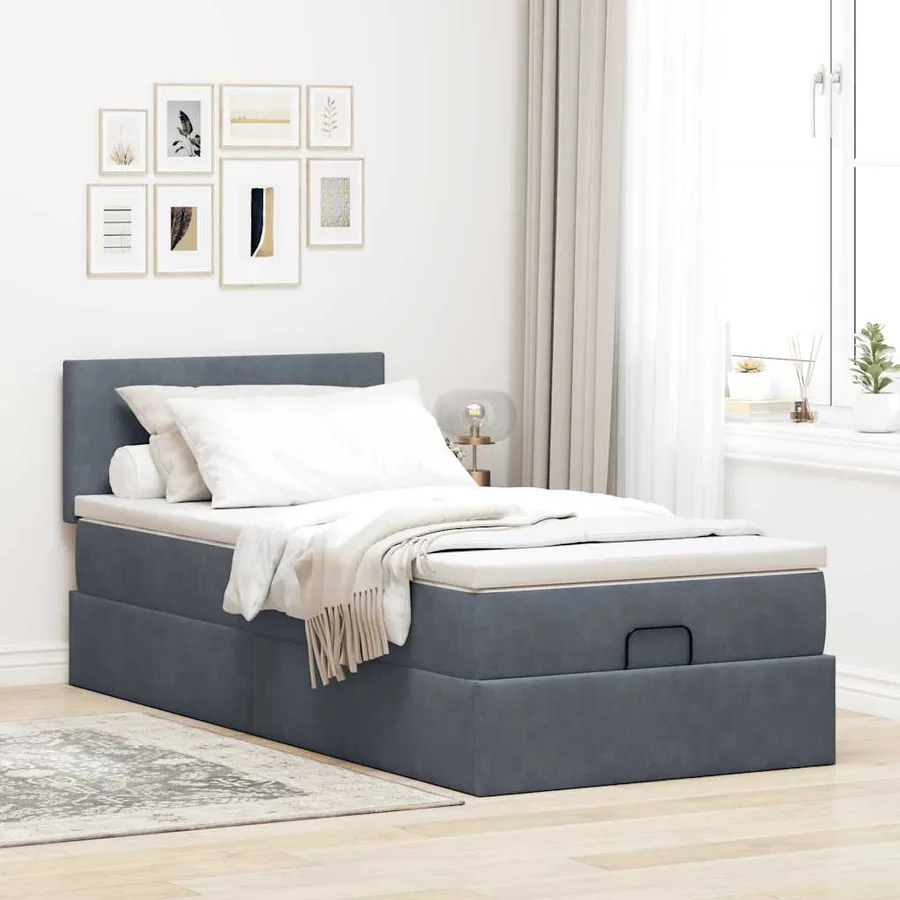 Cadre de lit ottoman et matelas gris foncé 90x200 cm velours - 3