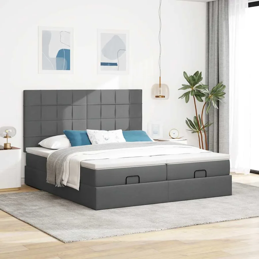 Cadre de lit ottoman avec matelas gris foncé 160x200cm tissu - 3