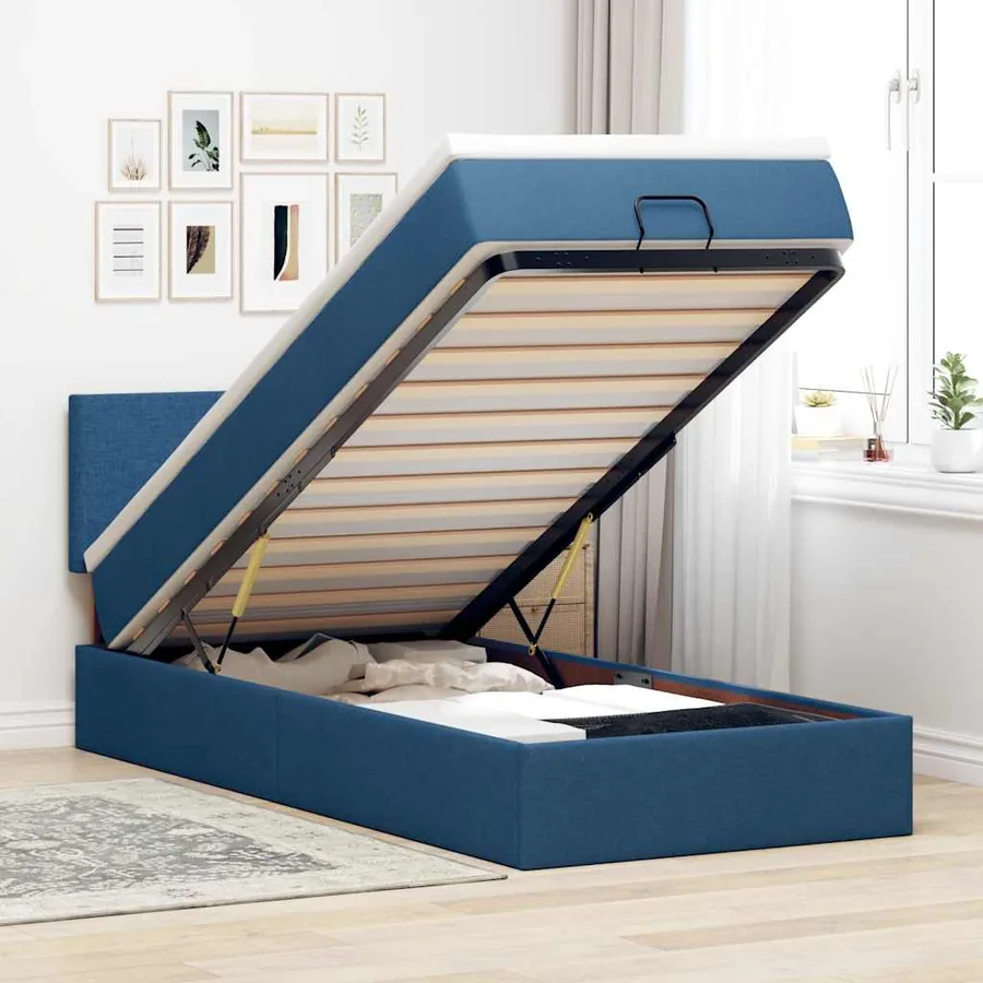 Cadre de lit ottoman avec matelas bleu 90x190 cm tissu