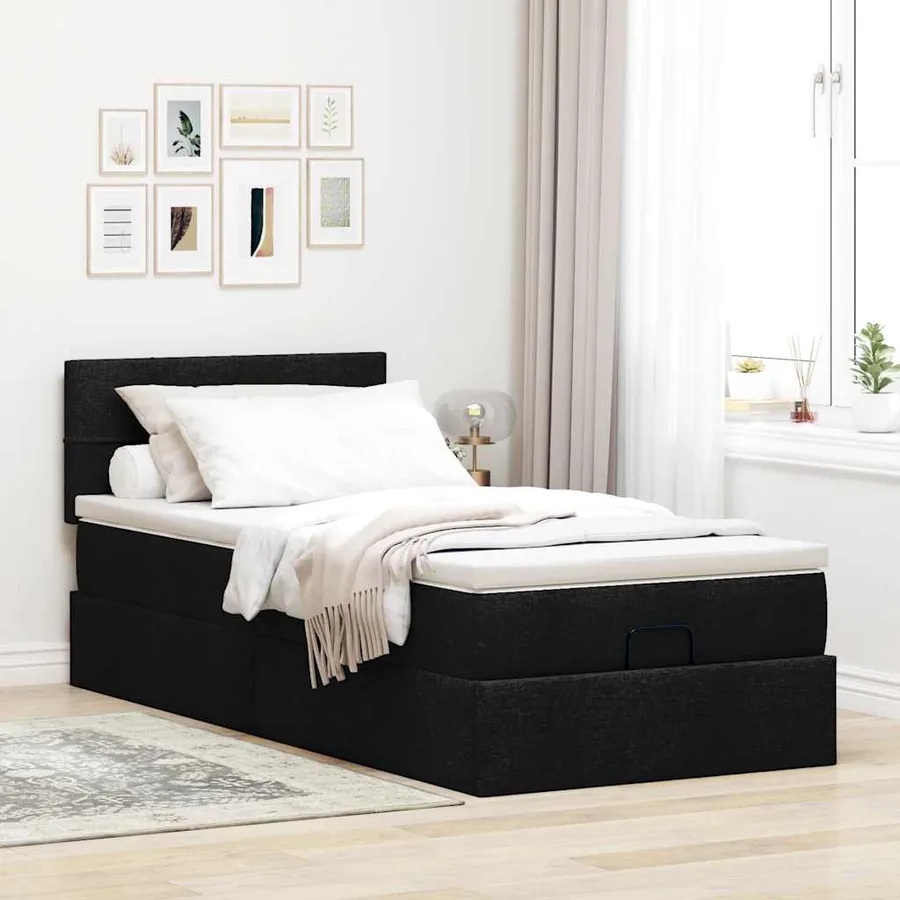 Cadre de lit ottoman avec matelas noir 90x190 cm tissu - 3