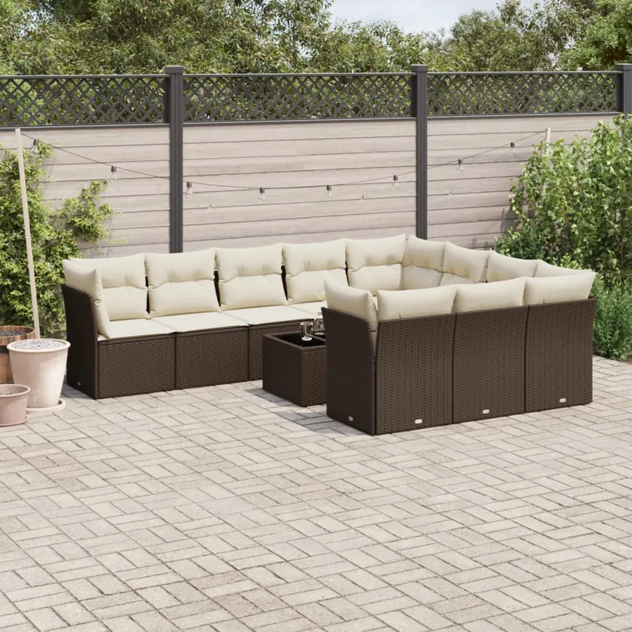 Salon de jardin et coussins 11 pcs marron résine tressée