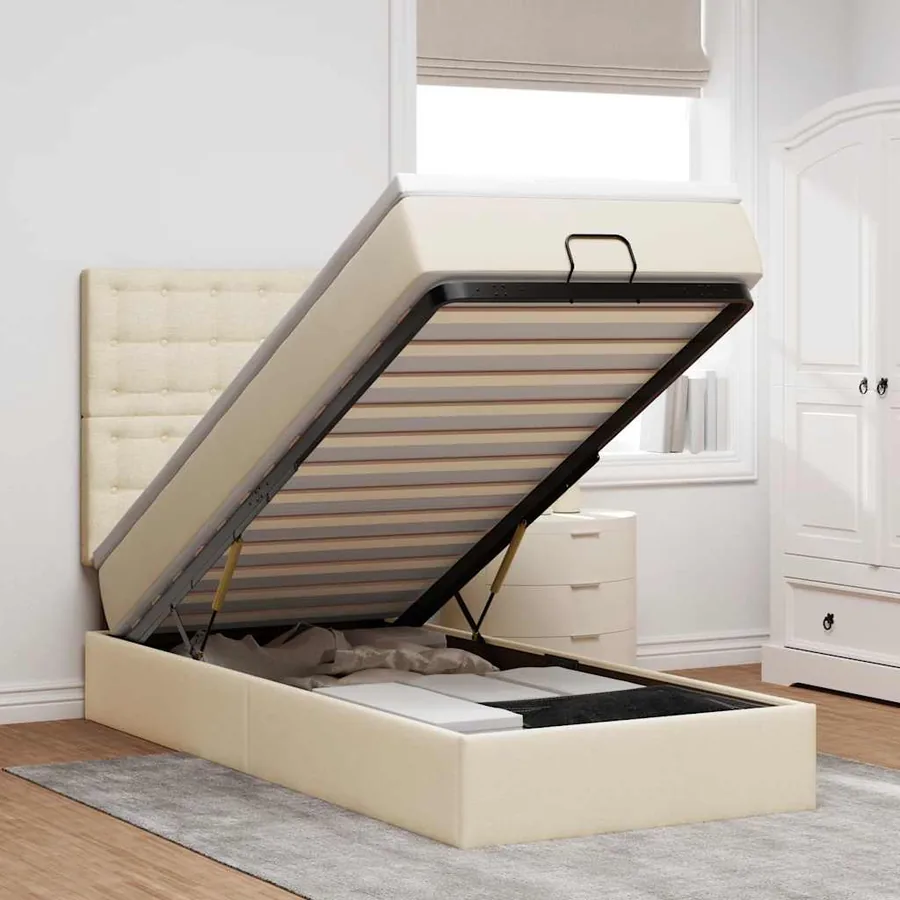 Cadre de lit ottoman avec matelas crème 90x190 cm tissu