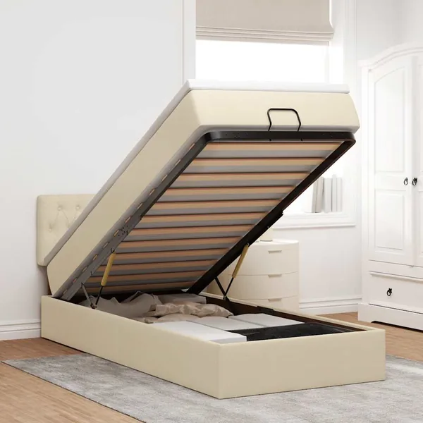 Cadre de lit ottoman avec matelas crème 90x190 cm tissu