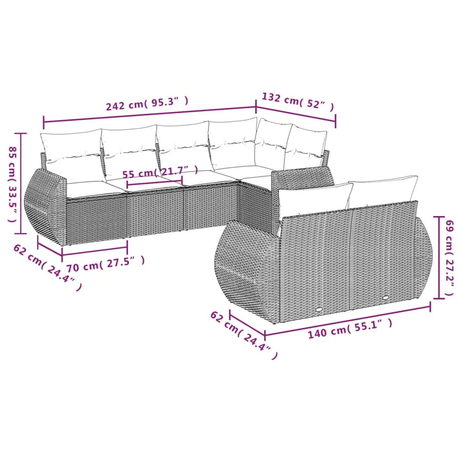 Salon de jardin avec coussins 7 pcs marron résine tressée - 3