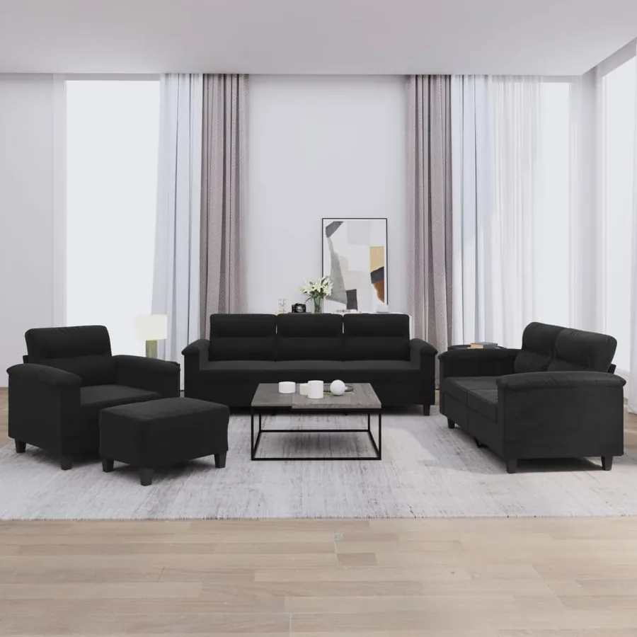 Ensemble de canapés 4 pcs avec coussins noir tissu microfibre